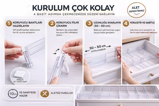 SellHubX Akrilik Çekmece Bölücü Organizer | Şeffaf Teleskopik Ayarlanabilir | Mutfak Dolap Ofis Banyo Çekmece Düzenleyici | Kaymaz, Dayanıklı, Kolay Kurulum