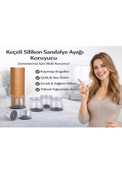 Şeffaf Silikon Sandalye Ayağı Koruyucu | Keçeli Kaydırmaz Zemin Koruyucu | Mobilya Ayak Kılıfı 28MM -35 mm